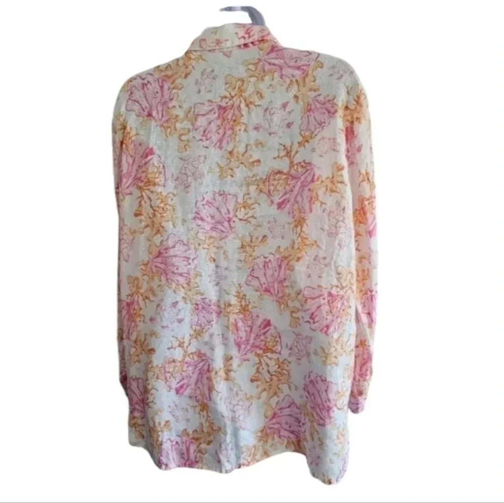 J. Jill Women M Love Linen Blouse Pink Orange Coral Print Pristine Investment - Picture 3 of 7